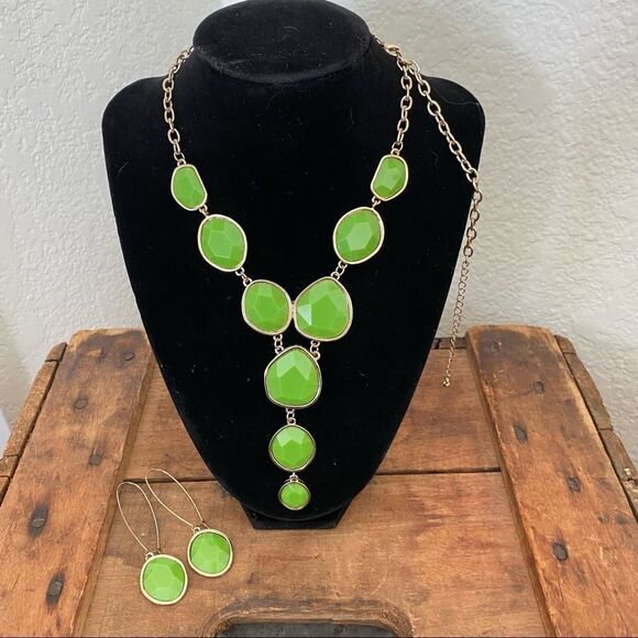 Jewelry Necklace and Earring Set Green Faux Gem Y Shaped Necklace Dangle Earring - Picture 2 of 15